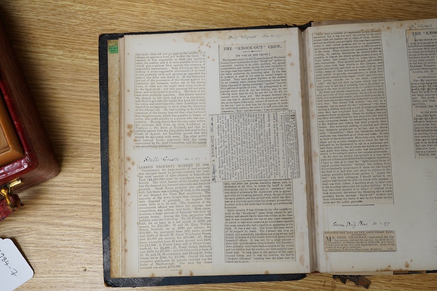 Auction History. A late Victorian album of mainly newspaper cuttings relating to auctions and the 'knock-out' dating from 1896 to 1905. 19.5cm x 25.5cm. Condition - album leather corners and spine torn.